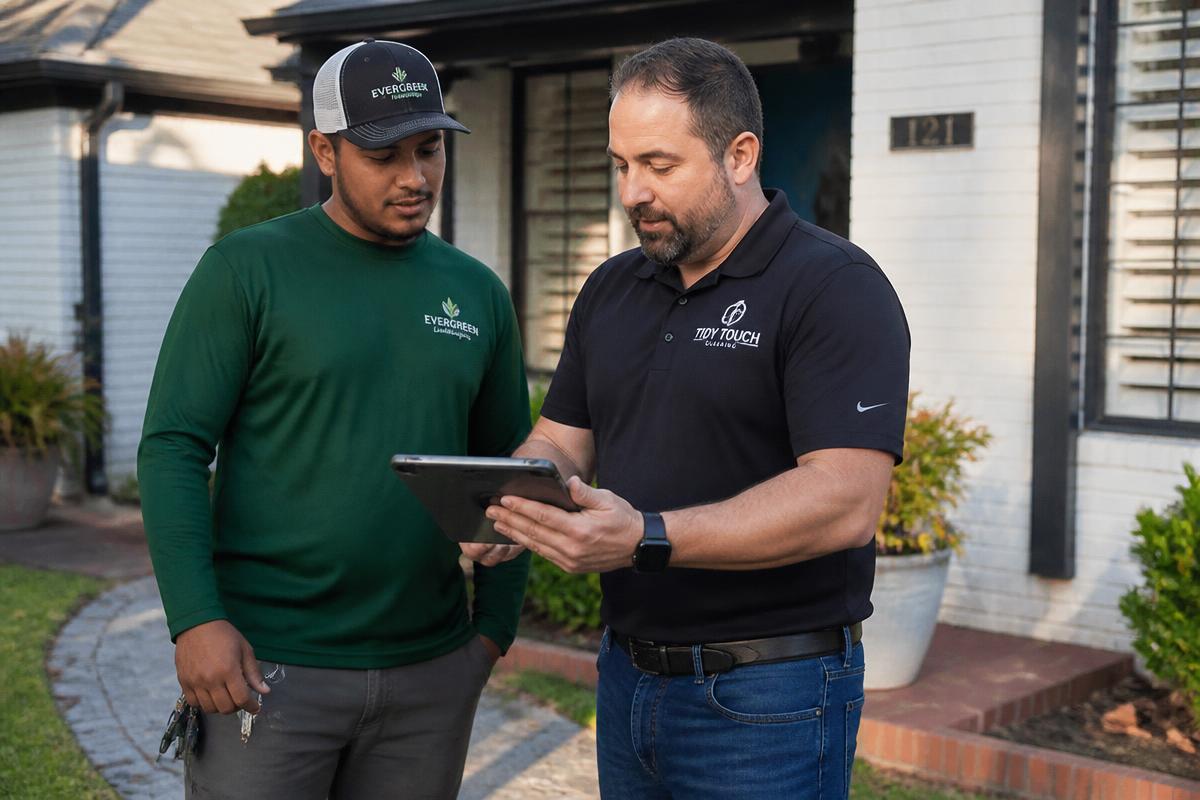 Two service business owners reviewing the day's schedule on a tablet outside a customer's home.